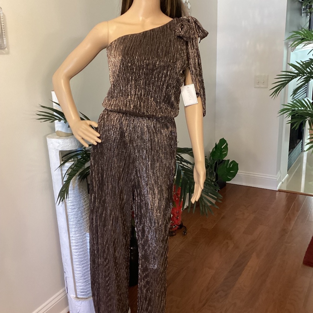 One Shoulder Metallic Jumpsuit ( Color Brownish Metallic)
